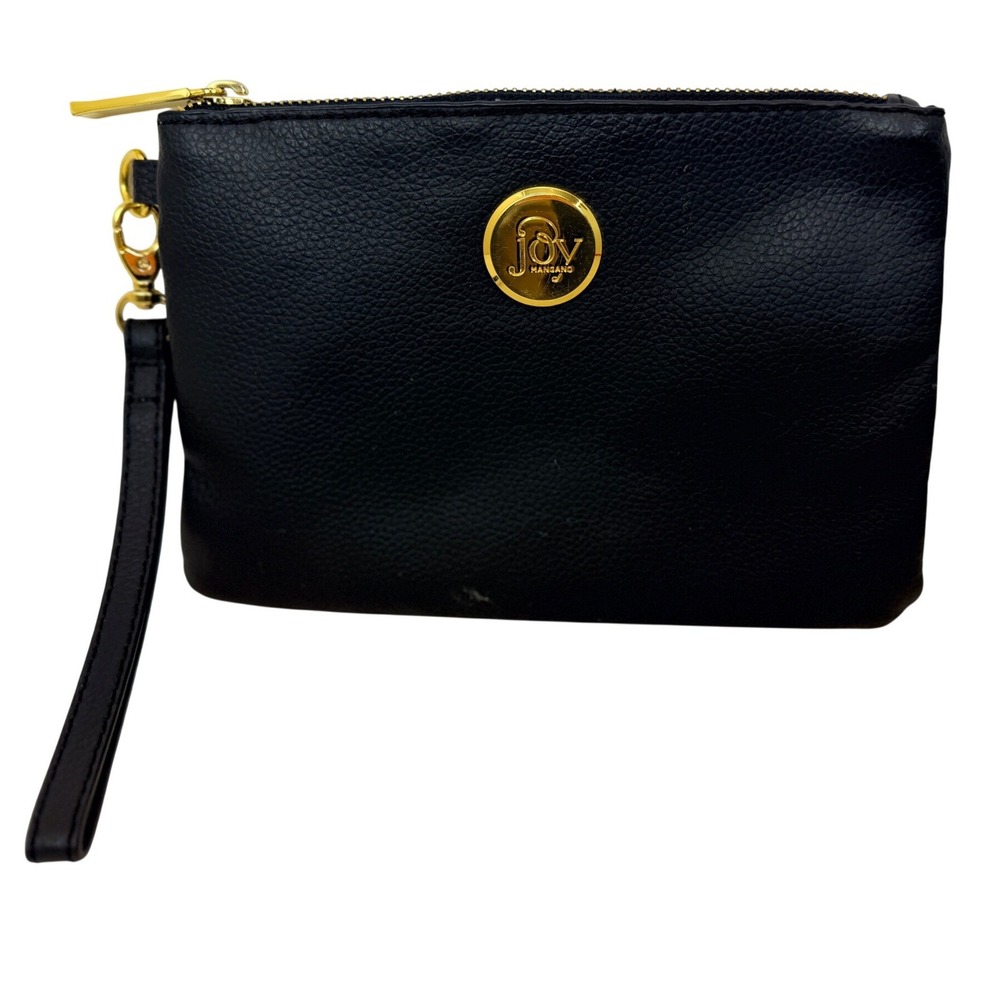 Joy Mangano Black Pebbled Faux Leather Wristlet Clutch Gold Logo Striped Lining